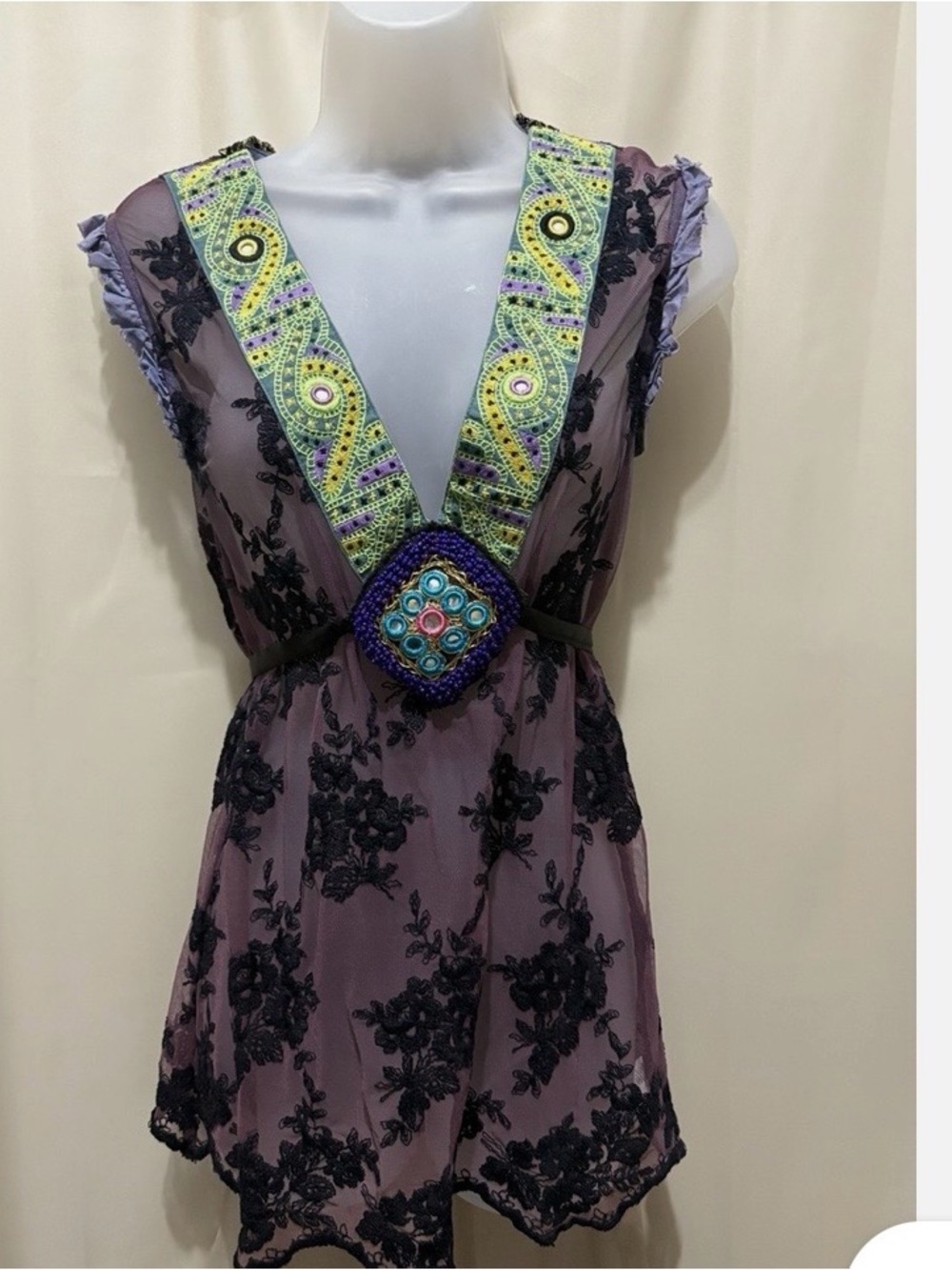 Free People Embroidered Sheer Boho Embellished Beaded Waist Tie Whimsigoth Top S